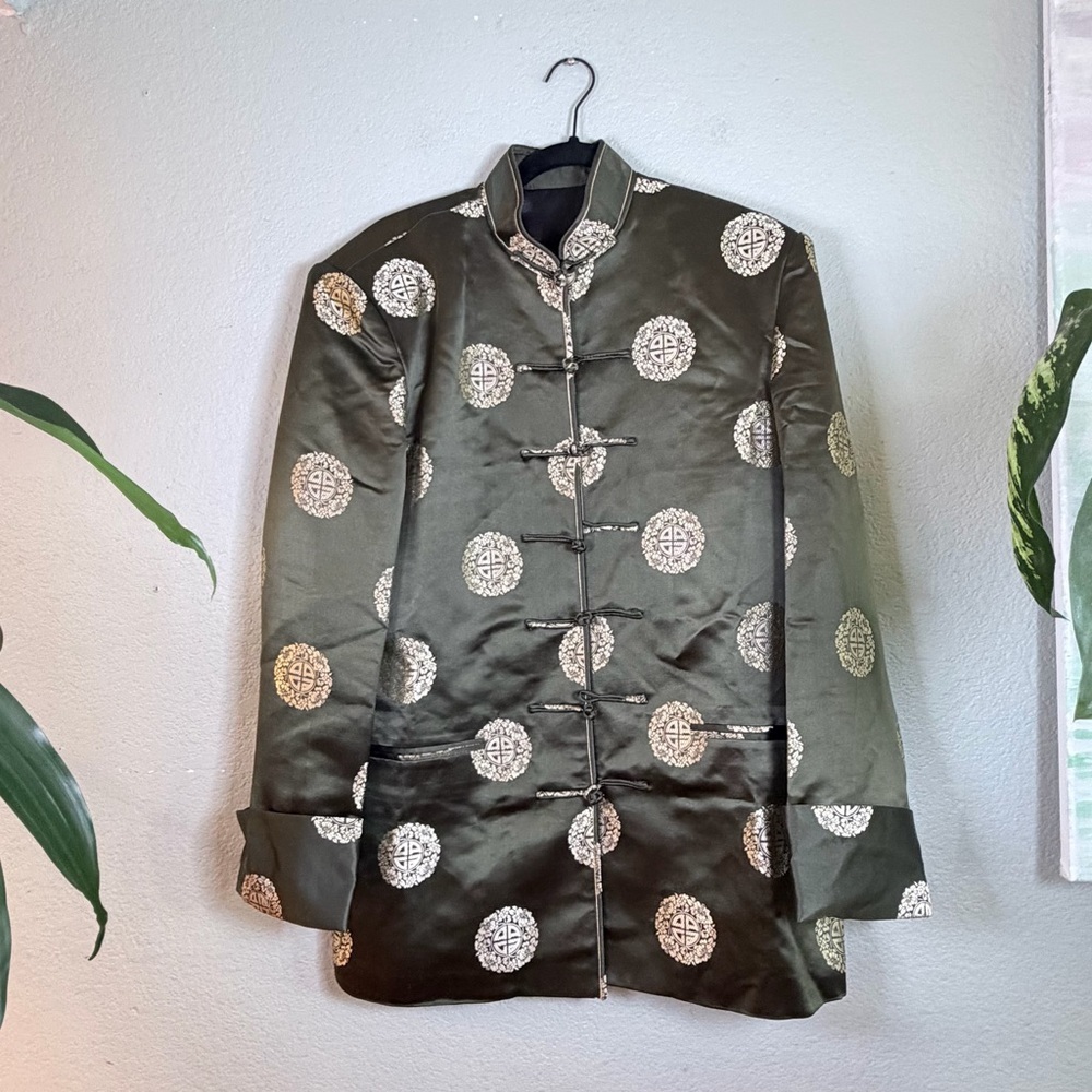 Vintage Silk Olive Green Gold Embroidered Bohemian Frog Clasp Tang Suit Jacket L